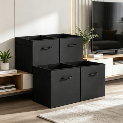 Cubes de rangement noirs 13 pouces, paquet de 4 bacs en cuir avec poignées, paniers de rangement pliables pour tablettes et placard