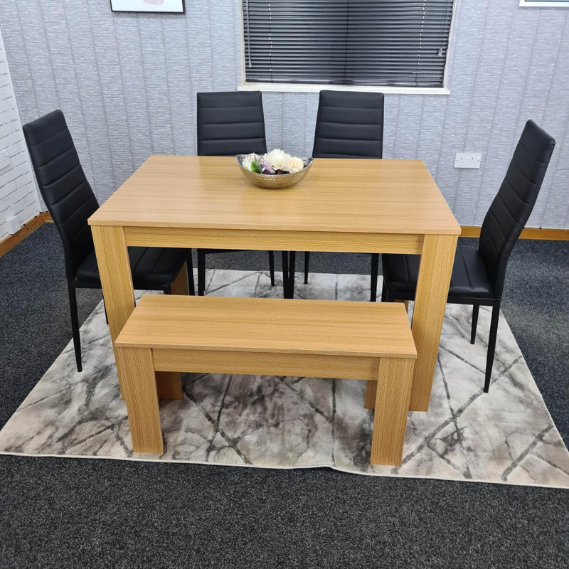 Light Wood Dining Table Set with Metal Chairs and Bench, Black