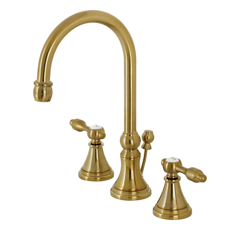 Kingston Brass Tudor Two-Handle 3-Hole Deck Mount Widespread Bathroom Faucet with Brass Pop-Up Drain, Brushed Brass