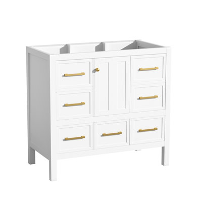 Meuble-lavabo de salle de bain 36 po, bois massif, 5 tiroirs, fermeture douce, armoire de rangement blanche, bois et 36 po
