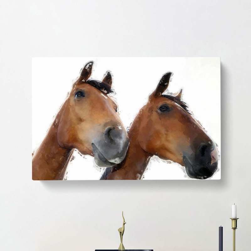 Two Chestnut Brown Horses In Abstract - Wrapped Canvas, 60cm H x 91cm W x 3cm D