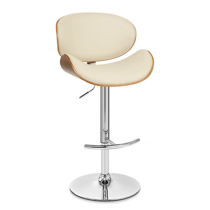 Winchcombe Adjustable Height Swivel Barstool in Faux Leather, Walnut Wood and Chrome Base, Creme Faux Leather