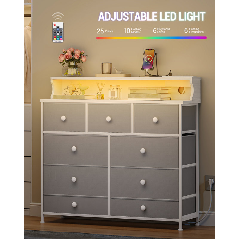 Chest of Drawers Bedroom, 9 Fabirc Chest of Drawers with 2 Sockets, 2 USB Ports and LED Strips, Bedroom Storage Drawers with Wood Top and Steel Frame for Bedroom Living Room