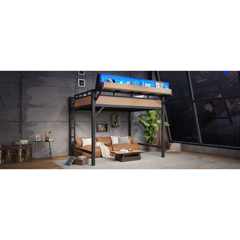 Grand cadre de lit mezzanine avec tablettes de rangement et panneau perforé, lit mezzanine en métal avec ports USB et lumières DEL, sécuritaire et robuste, naturel
