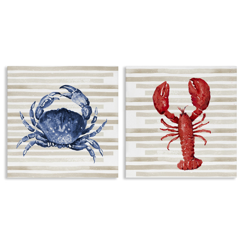«Nautical Blue Crab and Red Lobster Beige Stripes» par Patricia Pinto - ensemble de 2 impressions
