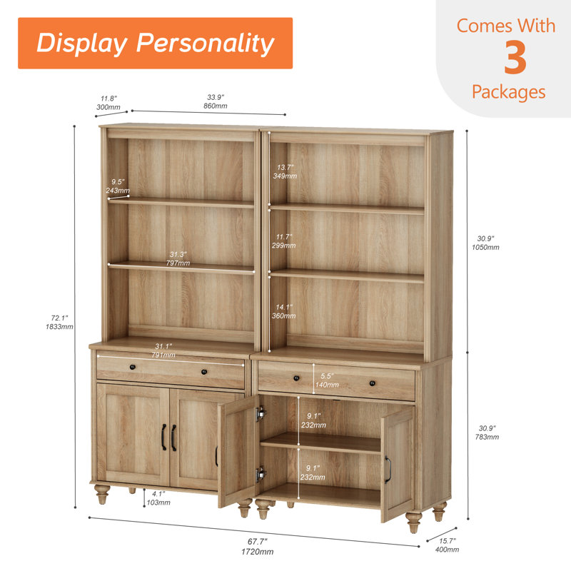 Scarlett Sideboard Cabinet With Bar Hutch, Buffet Cabinet With 2 Drawers And 5 Tier Shelves, Oak, 68''