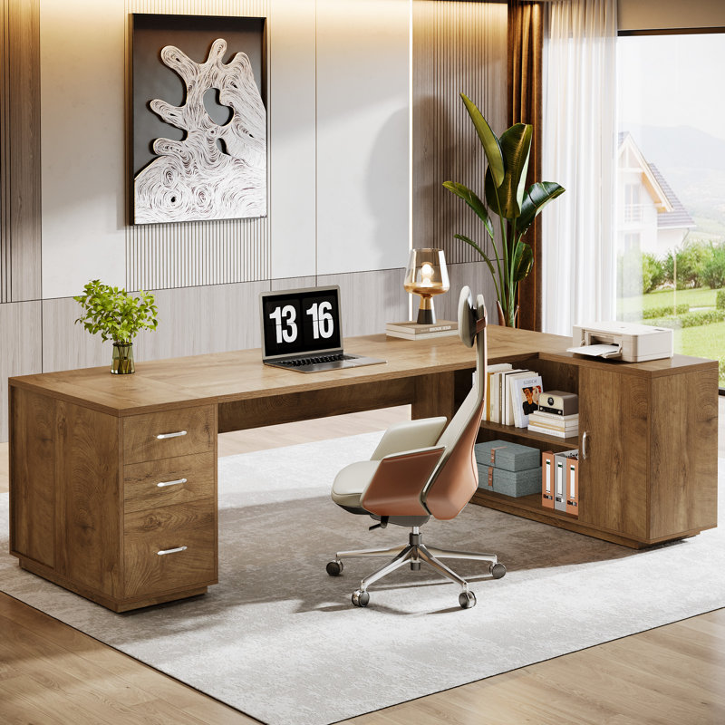 Bureau de direction en L 85,8 po brun clair