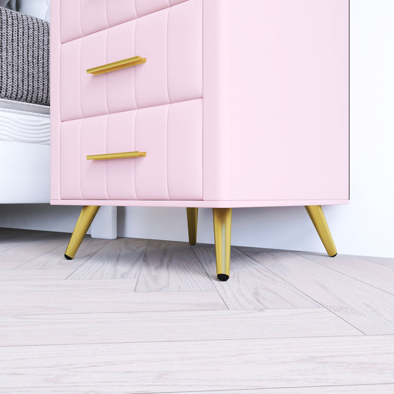 Table de chevet rembourrée en bois avec 3 tiroirs et pieds et poignées en métal, Rose