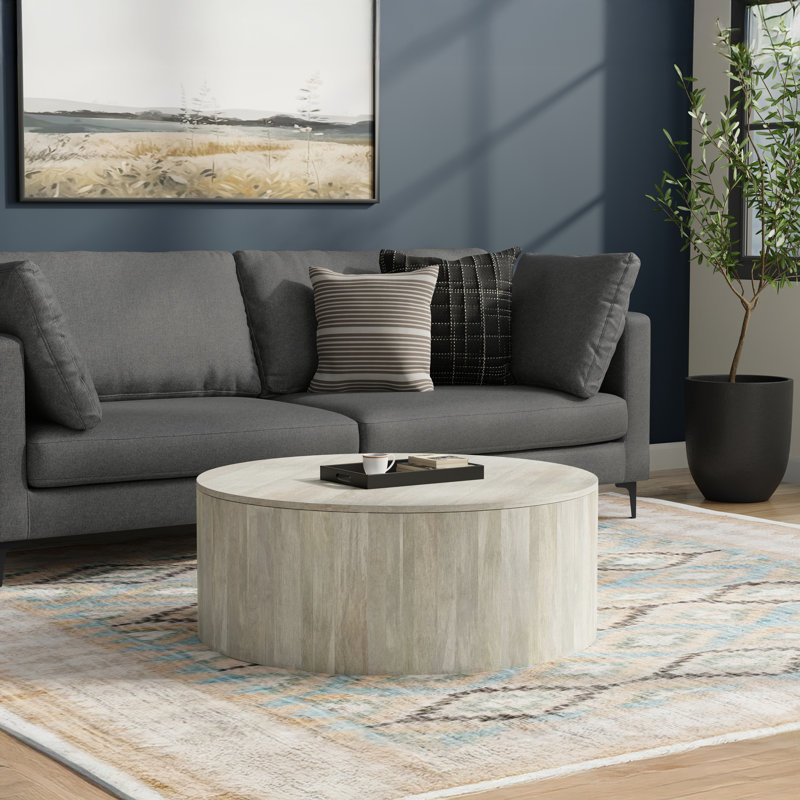 Millbury 36"W Solid Mango Wood Contemporary Round Drum Coffee Table, Fully Assembled, White Wash