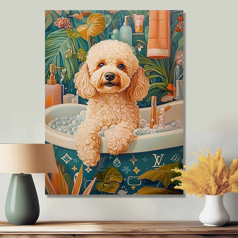 Caniche chien bain Time Bubbles I - Décoration murale chien, Sans cadre, métal, H 40 po x l 30 po