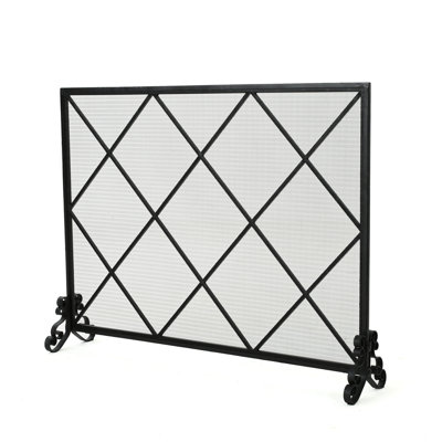 Iron Fireplace Screen - Single Panel, Classic Minimalist Diamond, 41.5" X 8.9" 32.1", Black Iron, Panel With Contemporary Finish