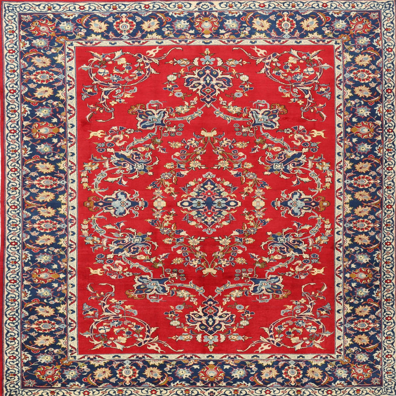 Tapis oriental en laine / polyester beige / gris / rouge tissé à la machine, Carré 6 pi