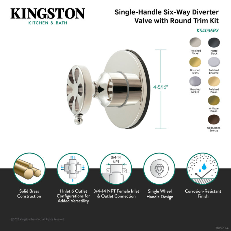 Kingston Brass Belknap Single-Handle Wall Mount Six-Way Diverter Valve with Trim Kit, Antique Brass