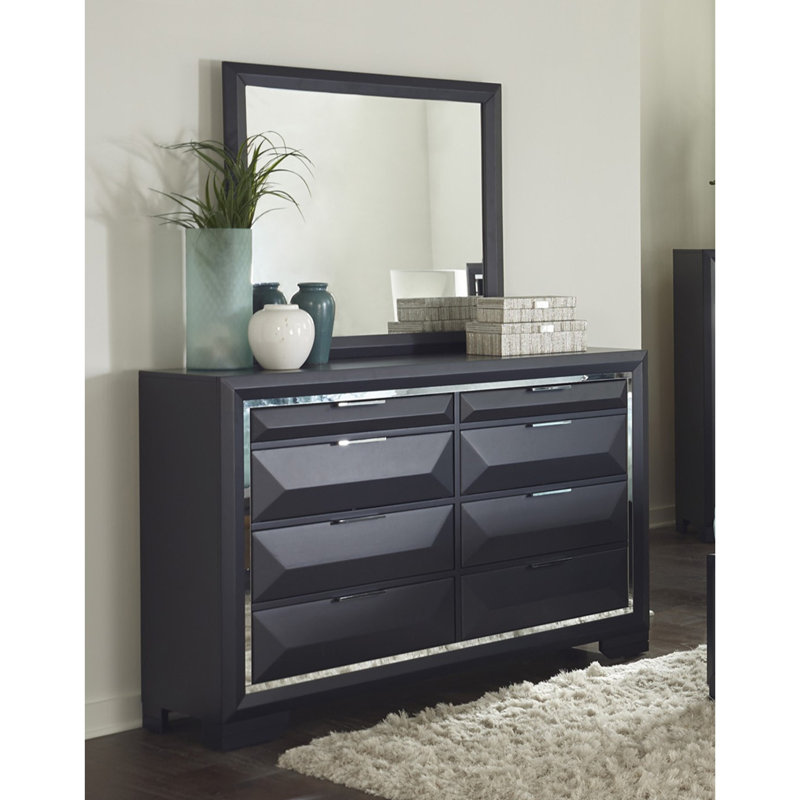 Commode 8 tiroirs moderne avec finition bleue et armoire de rangement en miroir