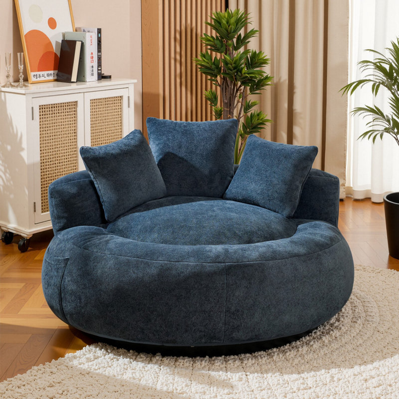 Compression 52" W Oversize Adult Round Faux Fur Foam Filled Bean Bag Sofa With 3 Back Pillows, Dark Blue Faux Fur