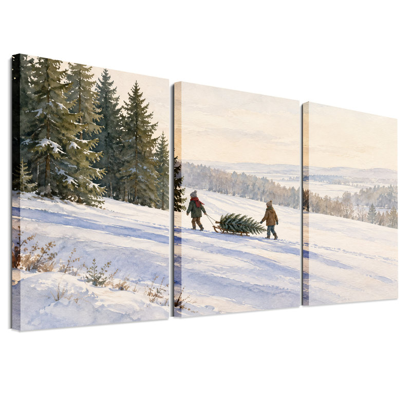 «Children Pulling Sled With Tree On Snowy Christmas», ensemble de 3 toiles murales, L 72 po x H 36 po au total - 3 panneaux