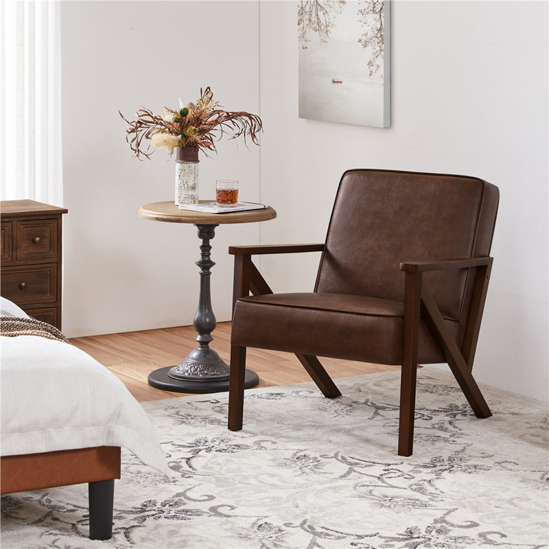 67Cm Wide Modern Upholstered Accent Chair,  Faux Leather Armchair with Z-shaped Wood Legs, Dark Brown