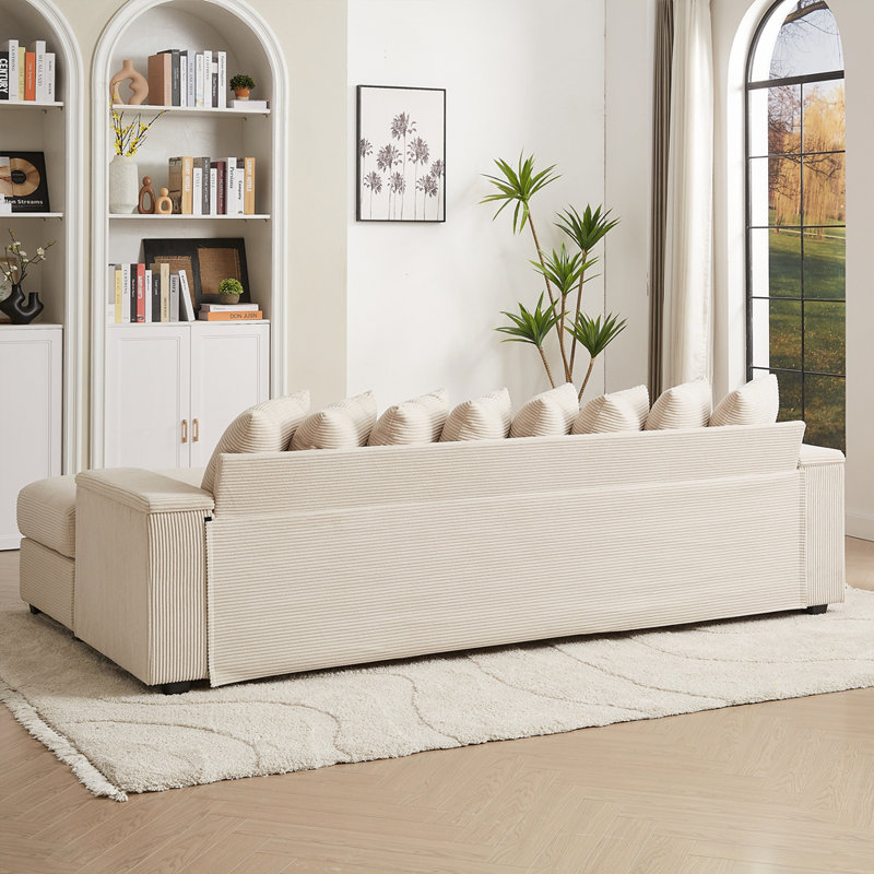 Canapé modulaire en L Corduroy avec rangement pour accoudoirs et repose-pieds mobile, Beige