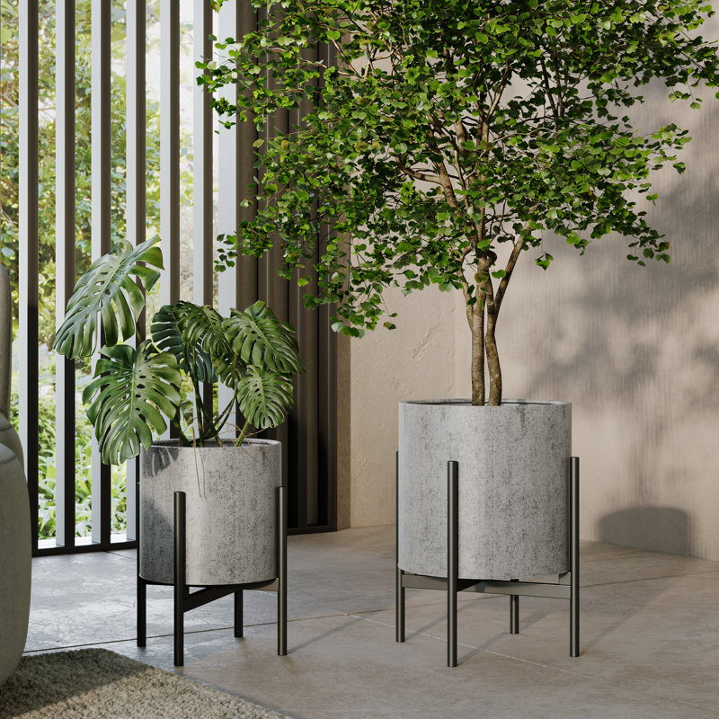 Gray Concrete and Black Metal Mid Century Modern Planter Set