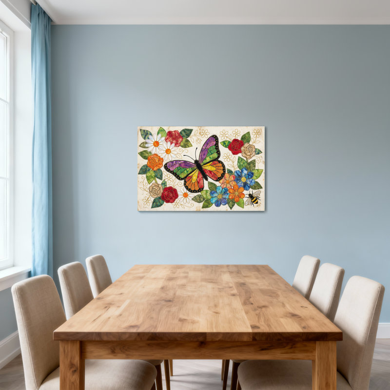 Animaux, papillon coloré, fleurs et motif d'abeilles, H 16 po x l 24 po