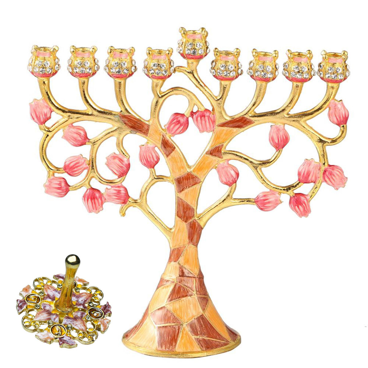 Hand-painted menorah candelabra with a hand-painted spinning dreidel made of crystal