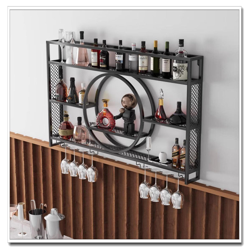 Support à vin à fixation murale à 3 niveaux 55 pouces avec support en verre, Noir