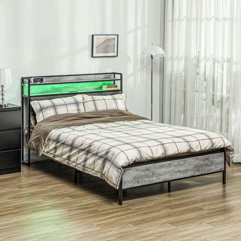 Cadre de lit avec tête de lit avec rangement, cadre de lit plateforme avec lumières DEL, Double, Gris