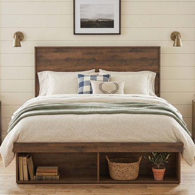 Farmhouse Full Storage Platform Bed Frame with Drop-Down Side Cabinets & Open Cubbies, 45" Wood-Grain Headboard, No Box Spring Needed, Taupe