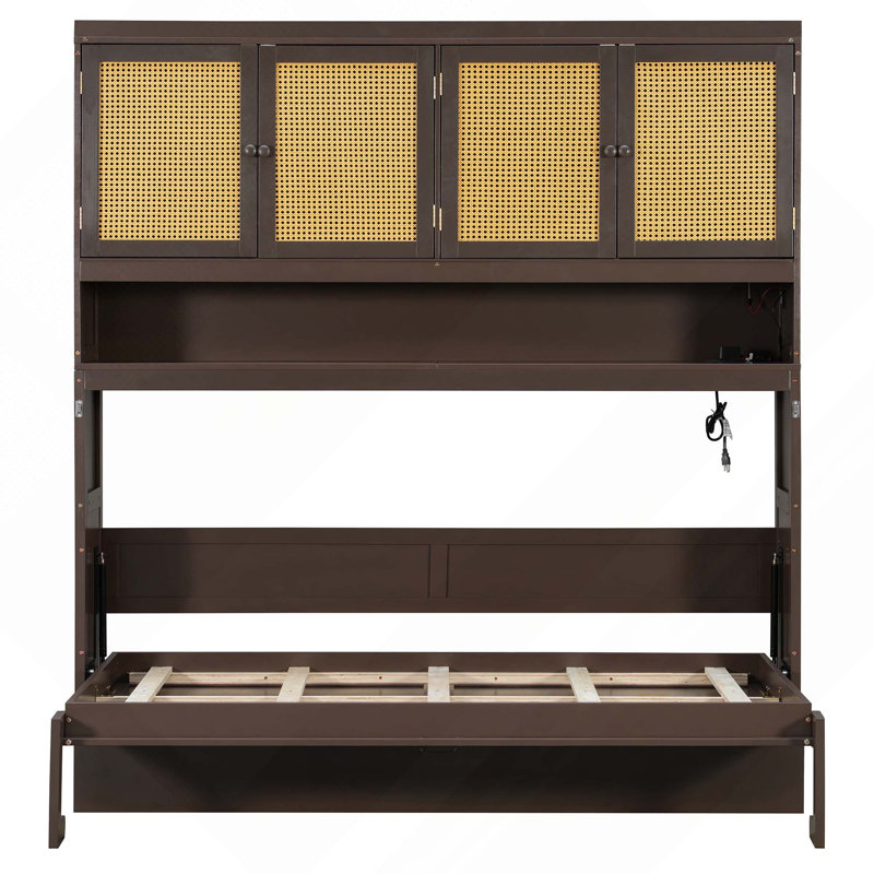 Lit escamotable simple pliable à économie d'espace avec armoire supérieure, lumière et USB, Espresso
