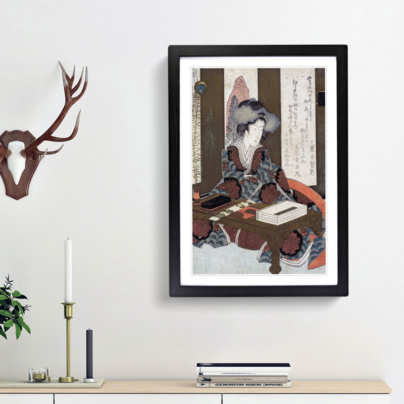 Lady Writing a Poem by Yashima Gakutei - Picture Frame Painting Print, 36cm H x 27cm W x 2cm D, Black Framed