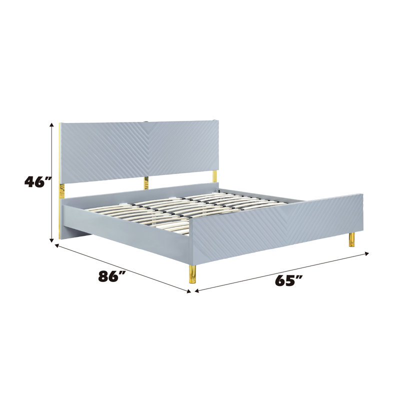 High Gloss Finish Gray Queen Bed With Wave Pattern, Metal Legs, Fully Kd Structure, 26 Slats, 2 Support Plywood, 660Lbs Load Capacity Pattern Design, And Synthetic Wood, Bearing