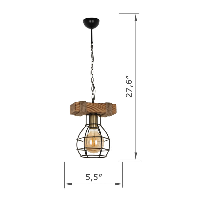Luminaire suspendu en bois à hauteur réglable avec capuchon en métal