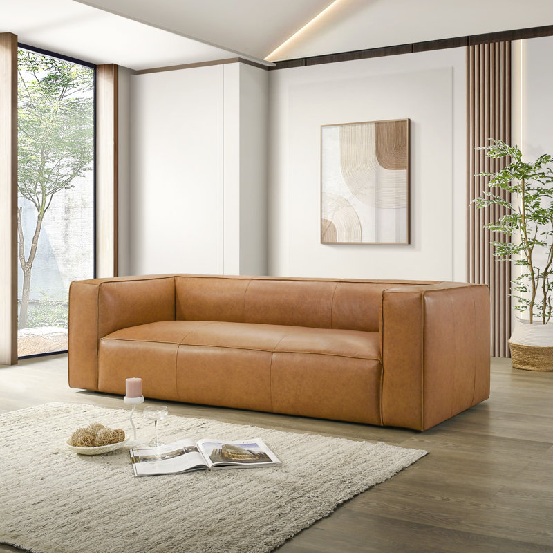 Canapé moderne en cuir véritable Latravion, Cuir véritable brun clair