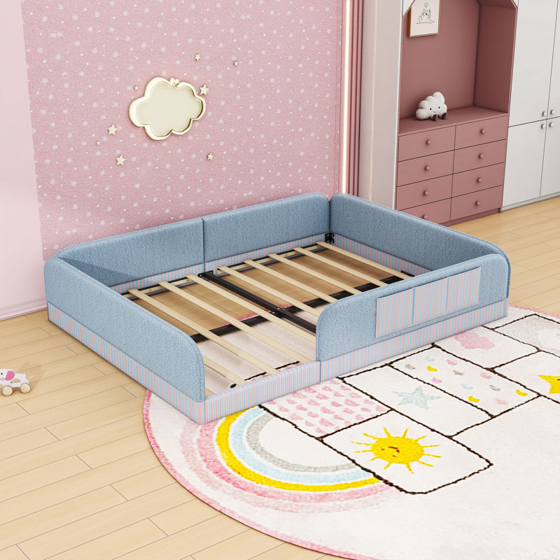 Lit tapissier de style Montessori avec rails de sécurité et poche, Queen, Blue