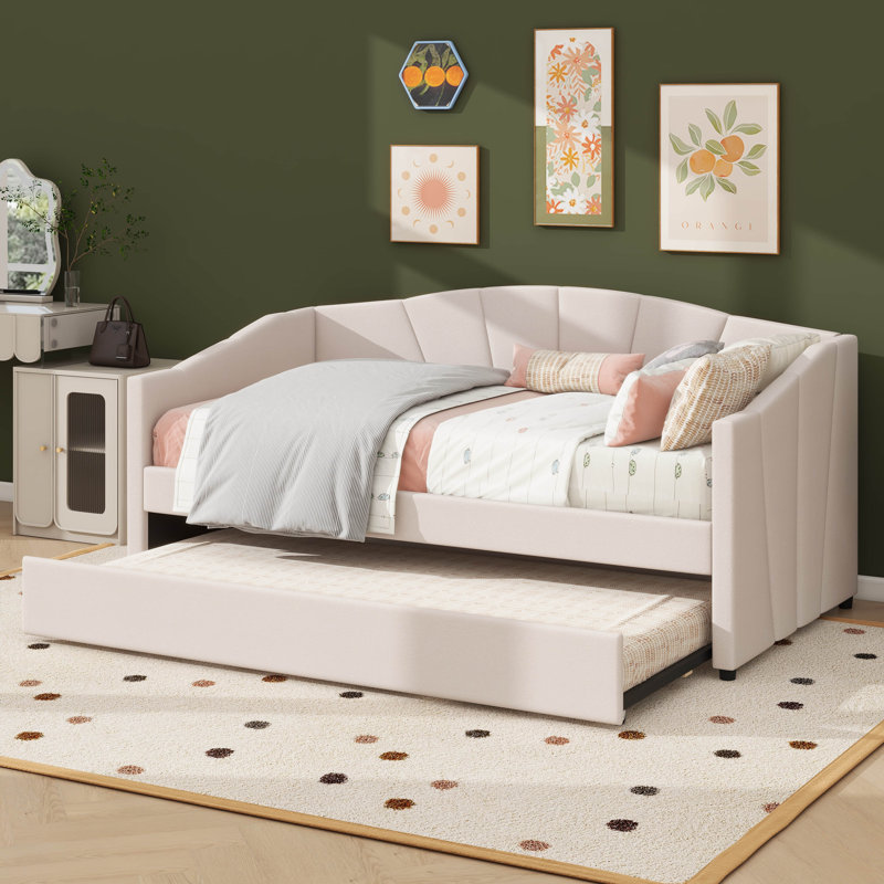 Twin-Size Upholstered Sofa-Style Daybed With Under-Bed Trundle, Beige