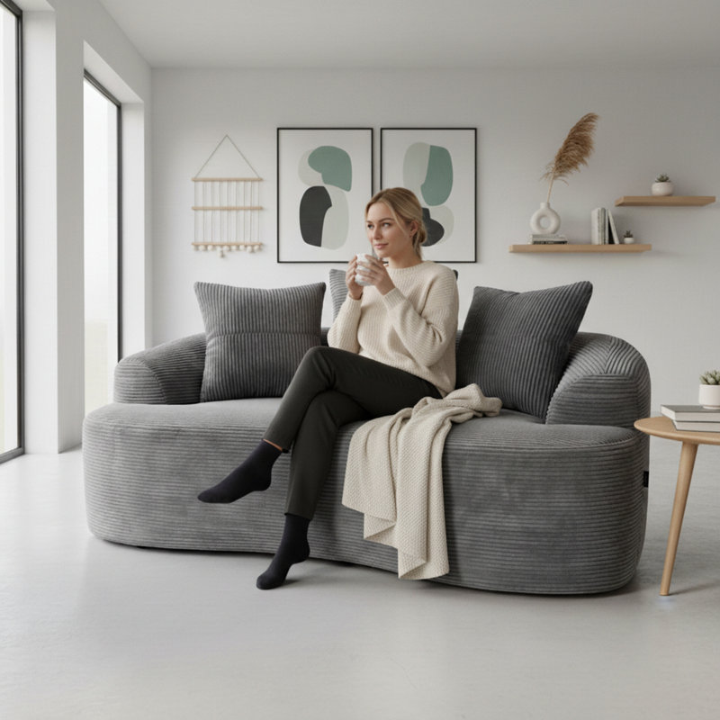 Canapé incurvé de 163 cm avec coussins à ressorts ensachés, velours côtelé gris, 3 coussins décoratifs, compact pour les petites pièces, aucun assemblage requis, velours côtelé, option d'assise compacte, nécessaire