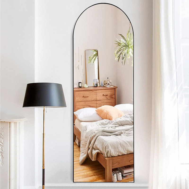 Modern Arched Full Length Mirror, Large Floor Mirror With Aluminum Frame And HD Glass For Bedroom Or Entryway, Black