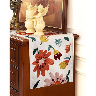 Chemin de table floral brodé - Multicolore - Toile de lin pour décoration de printemps, bohème et maison de campagne