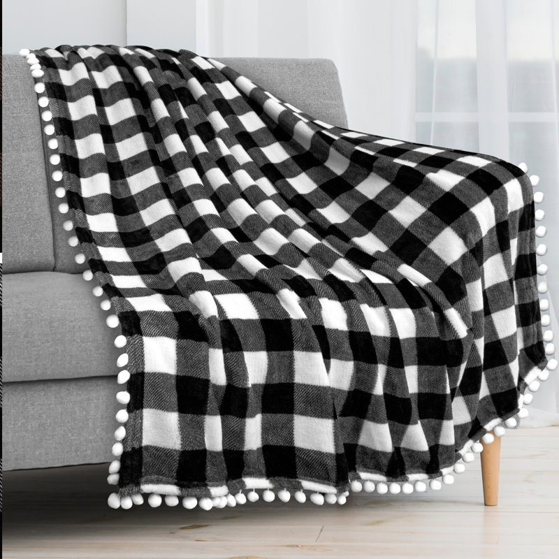 Pavilia Deluxe Checkered White Twin Fleece Throw with Pom Pom Fringe