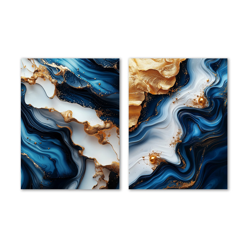 Marbre abstrait en bleu et tons I - ensemble de 2 décorations murales en métal grand luxe - imprimé sur métal, 32" H x 48" W