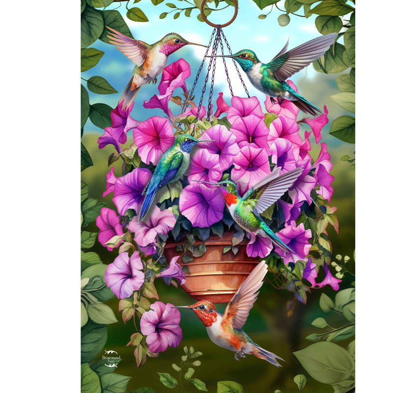 Drapeau des colibris et des pétunias, Oiseaux violets/turquoises/bruns