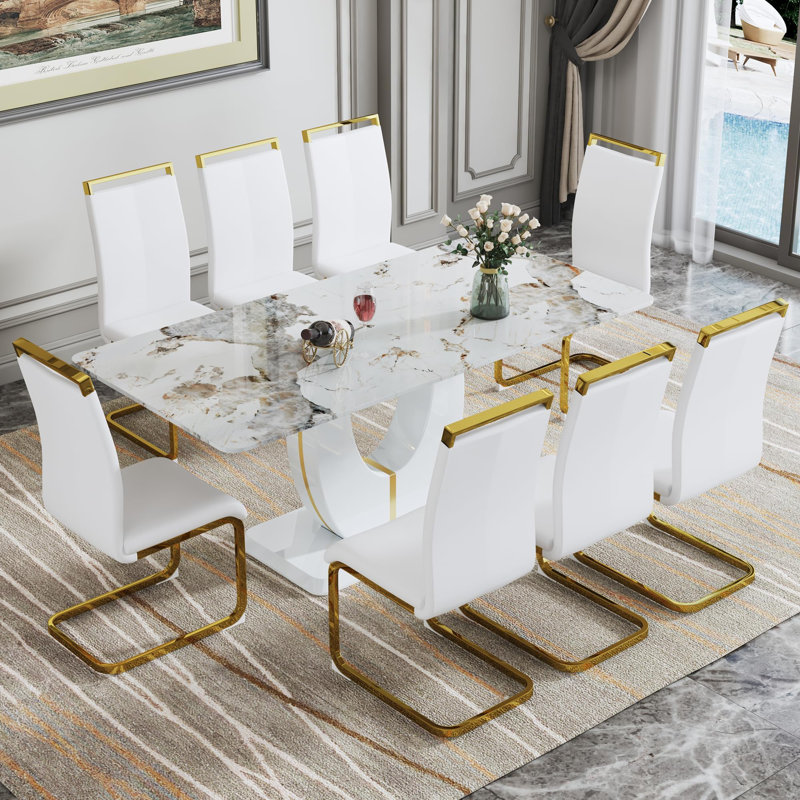 Ensemble de table de salle à manger 71 ", ensemble de table de salle à manger moderne avec base en U doré et chaises en similicuir
