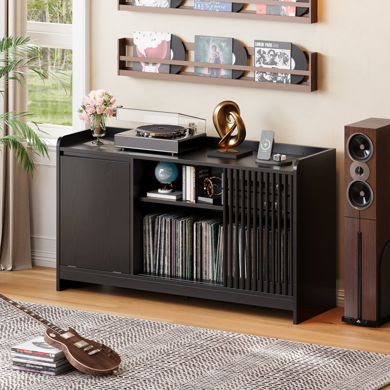 Support de table tournante Mid-Century avec prises CA et USB, console multimédia de grande capacité pour tourne-disque - grande armoire de rangement pour disques vinyles pour le salon et la chambre à coucher