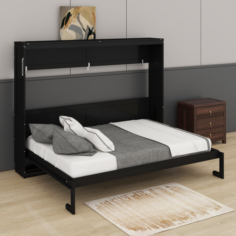 Lit escamotable moderne pliant sur le côté avec motif imprimé tendance, éclairage DEL sous le lit et prise USB intégrée, Noir