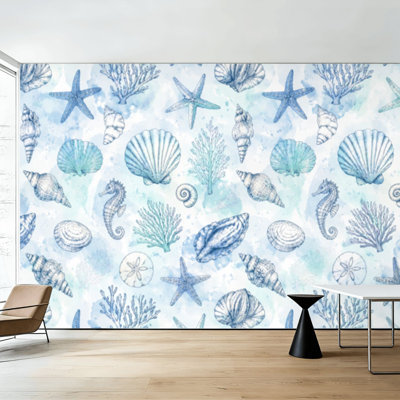 Peel and Stick Wallpaper Seashell Starfish Coral Soft Blue Tones Wall Murals 100"H x 144"W Removable PVC Wall Paper Self-Adhesive Wall Decor for Bedroom Living Room Home Office