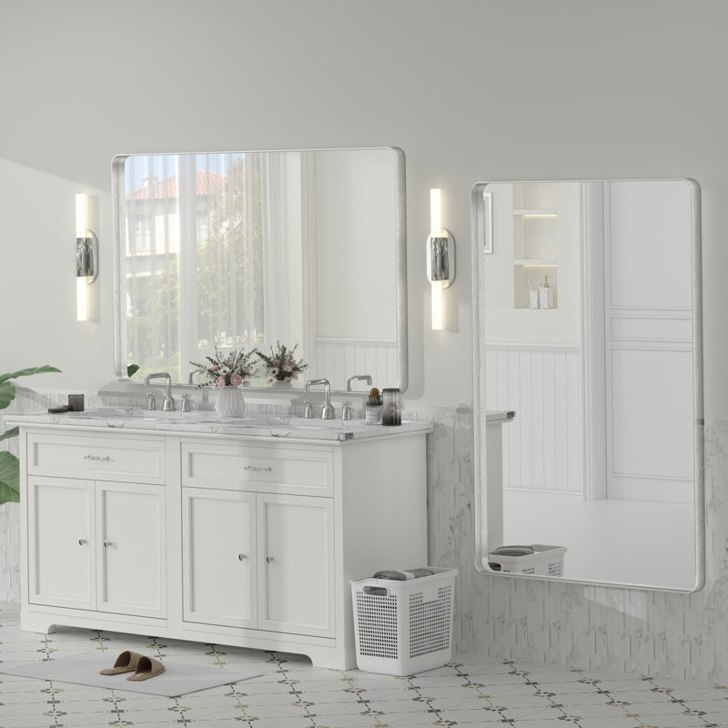 Miroir de salle de bain mural en verre trempé et métal Molly, 55 po x 36 po, Argent argent, Rectangle(Rounded Corner)