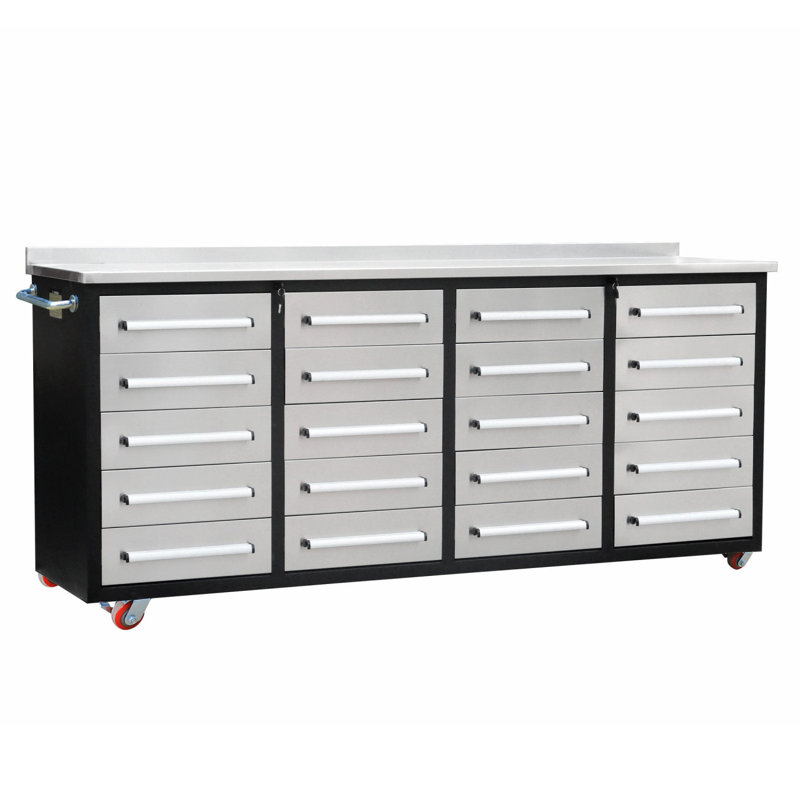 Armoires de rangement 7 pi avec banc de travail (20 tiroirs) argent, Argent argent