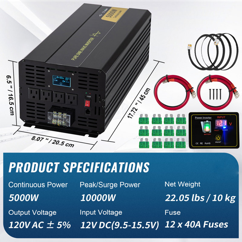 Onduleur à onde sinusoïdale pure, 5000 watts, onduleur, courant continu de 12 V à CA