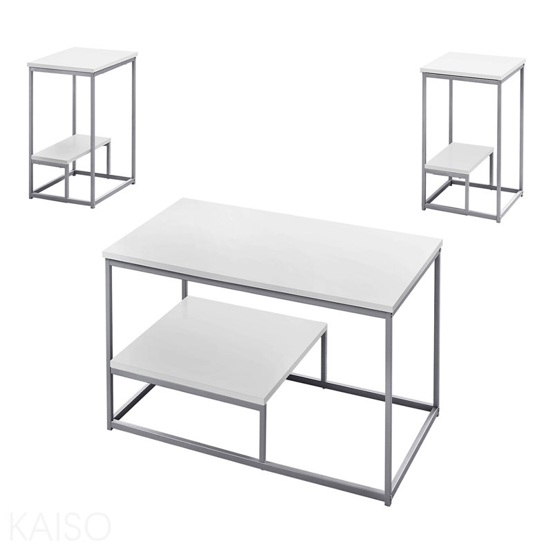 Ensemble de 3 tables basses en stratifié brun et métal noir, White Top/Gray Base