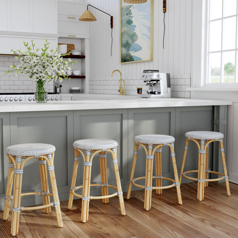 Alastair Hand-Woven Rattan Bar & Counter Stool, Counter Stool (24" Seat Height), White/Sky Blue Dot/Natural Rattan Frame